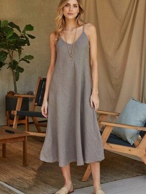Milano Taupe Sleeveless V-Neck Midi Dress Size L 100% linen quiet luxury summer